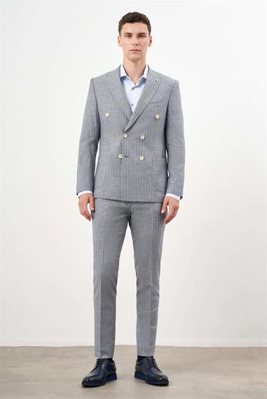 بدلة رجالية كتان داكنة زرقاء قصّة ضيقة كروفاز مع ياقة مدببة - صورة 3