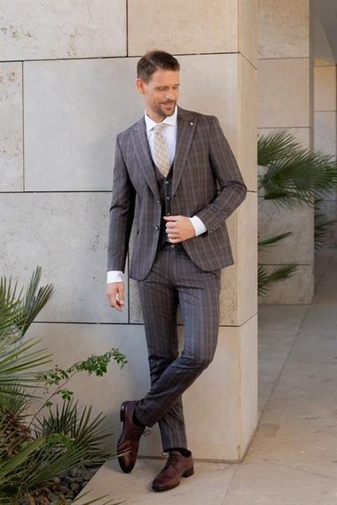 Morven Erkek KAHVE Poliviskon Trend Yelekli Ekoseli Slim Fit  Sivri Yaka Takım Elbise - fotoğraf 3