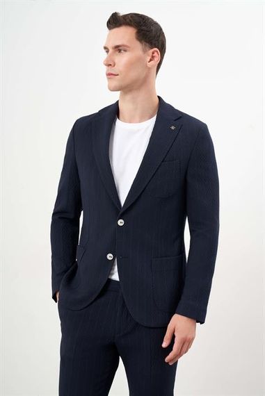 Morven Erkek Lacivert Poliviskon Trend Çizgili Desen Slim Fit Mono Yaka Takım Elbise - fotoğraf 3