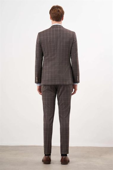 Morven Erkek KAHVE Poliviskon Trend Yelekli Ekoseli Slim Fit  Sivri Yaka Takım Elbise - fotoğraf 5