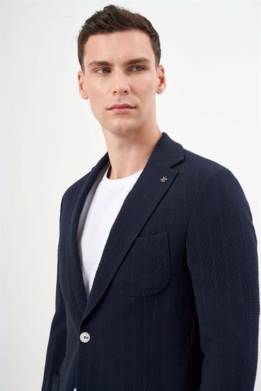Morven Erkek Lacivert Poliviskon Trend Çizgili Desen Slim Fit Mono Yaka Takım Elbise - fotoğraf 5
