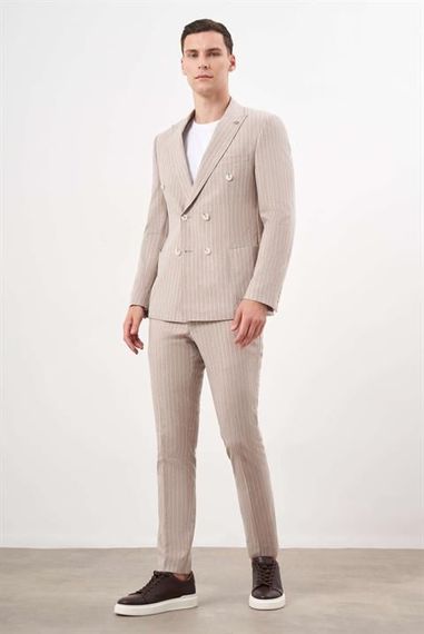 Morven Erkek KAHVE Keten Trend Kruvaze Slim Fit Sivri Yaka Takım Elbise - photo 5