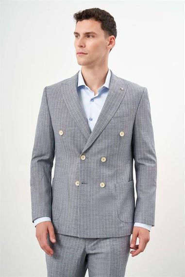 بدلة رجالية كتان داكنة زرقاء قصّة ضيقة كروفاز مع ياقة مدببة - صورة 2