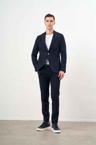 Morven Erkek Lacivert Poliviskon Trend Çizgili Desen Slim Fit Mono Yaka Takım Elbise - fotoğraf 4