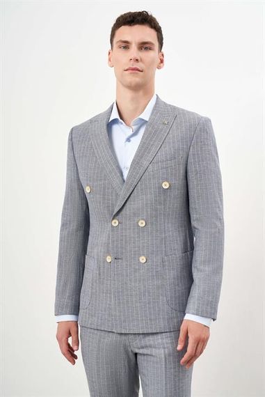 بدلة رجالية كتان داكنة زرقاء قصّة ضيقة كروفاز مع ياقة مدببة - صورة 5