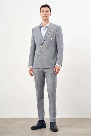 بدلة رجالية كتان داكنة زرقاء قصّة ضيقة كروفاز مع ياقة مدببة - صورة 4