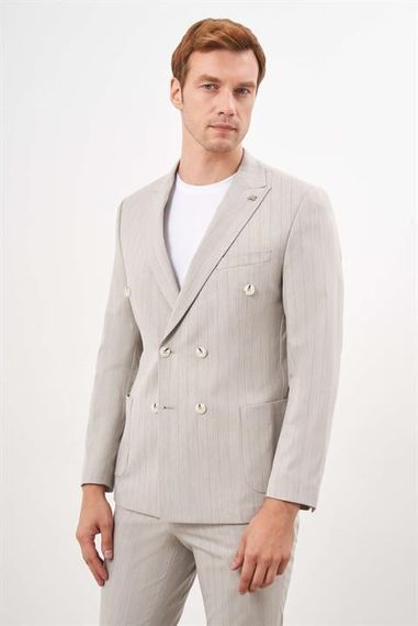 Мужской бежевый поливискозный стильный костюм с острым воротником и узким кроем, 64% полиэстер, 34% вискоза, 2% лайкра - фото 1