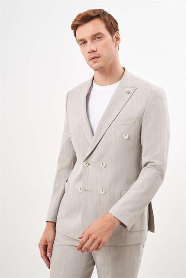 Мужской бежевый поливискозный стильный костюм с острым воротником и узким кроем, 64% полиэстер, 34% вискоза, 2% лайкра - фото 2