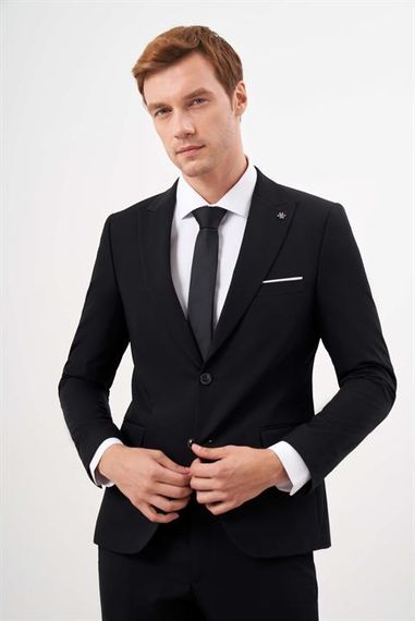 Morven Erkek Siyah Poliviskon Basic Düz Desen Slim Fit  Sivri Yaka Takım Elbise - fotoğraf 3