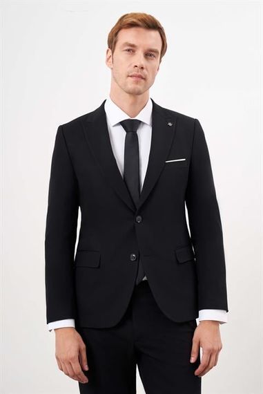 Morven Erkek Siyah Poliviskon Basic Düz Desen Slim Fit  Sivri Yaka Takım Elbise - fotoğraf 1