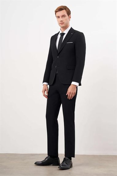 Morven Erkek Siyah Poliviskon Basic Düz Desen Slim Fit  Sivri Yaka Takım Elbise - fotoğraf 5