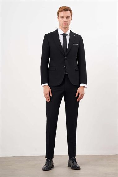 Morven Erkek Siyah Poliviskon Basic Düz Desen Slim Fit  Sivri Yaka Takım Elbise - fotoğraf 4