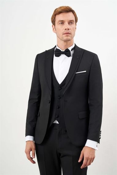 Morven Erkek Siyah Poliviskon Ceromonia Jakar Desen Slim Fit Sivri Çıkma Yaka Damatlık - photo 1