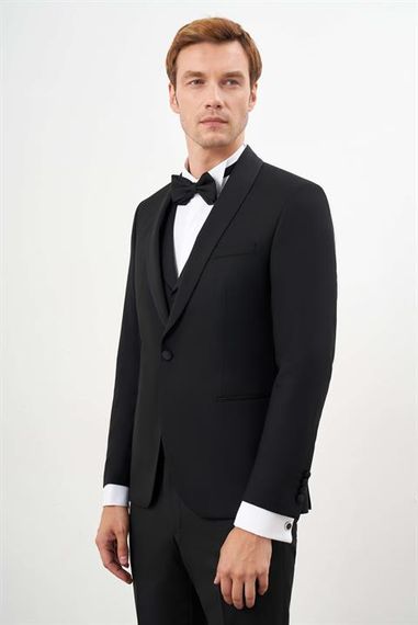 بدلة زفاف رجالية باللون الأسود من مورفين، تصميم سمارت فيت، ياقة شال، قماش بوليفيسكون بنسبة 64% بوليستر و34% فيسكوز - صورة 2