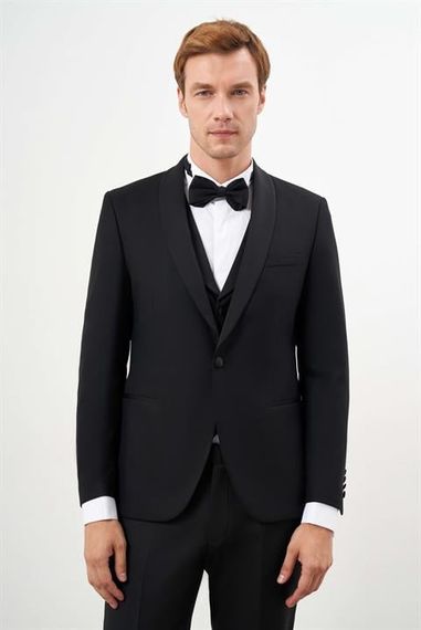 بدلة زفاف رجالية باللون الأسود من مورفين، تصميم سمارت فيت، ياقة شال، قماش بوليفيسكون بنسبة 64% بوليستر و34% فيسكوز - صورة 1