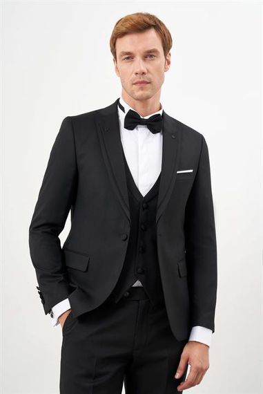Morven Erkek Siyah Poliviskon Ceromonia Jakar Desen Slim Fit Sivri Çıkma Yaka Damatlık - photo 2