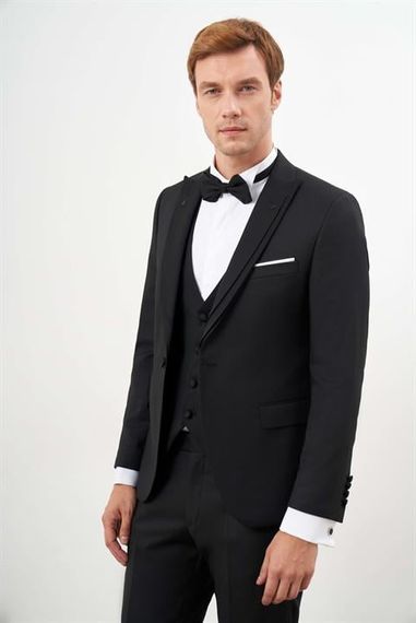 Morven Erkek Siyah Poliviskon Ceromonia Jakar Desen Slim Fit Sivri Çıkma Yaka Damatlık - photo 3