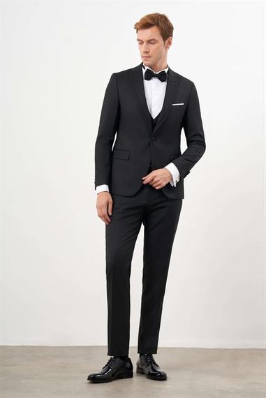 Morven Erkek Siyah Poliviskon Ceromonia Jakar Desen Slim Fit Sivri Çıkma Yaka Damatlık - photo 5