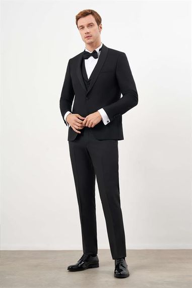 بدلة زفاف رجالية باللون الأسود من مورفين، تصميم سمارت فيت، ياقة شال، قماش بوليفيسكون بنسبة 64% بوليستر و34% فيسكوز - صورة 4