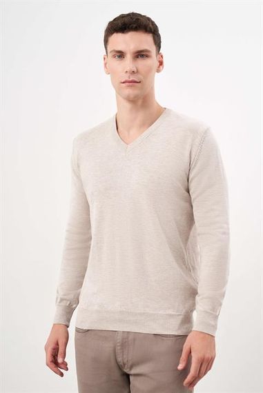 Morven Erkek Bej Basic V Yaka Dynamic Fit Rahat Kesim Triko - photo 1