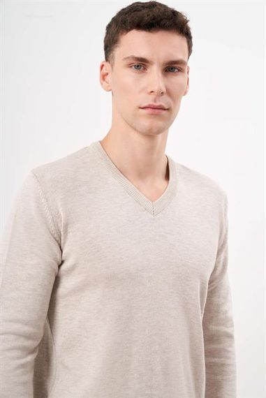 Morven Erkek Bej Basic V Yaka Dynamic Fit Rahat Kesim Triko - photo 3