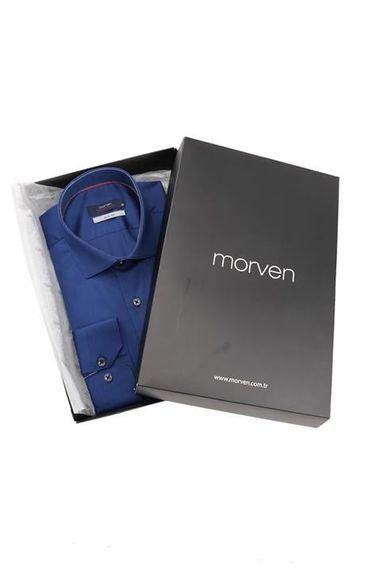 Lacivert Slim Fit Düz Sert Yaka Kolay Ütülenebilen HEDİYE KUTULU Uzun Kollu Erkek Gömlek - fotoğraf 1