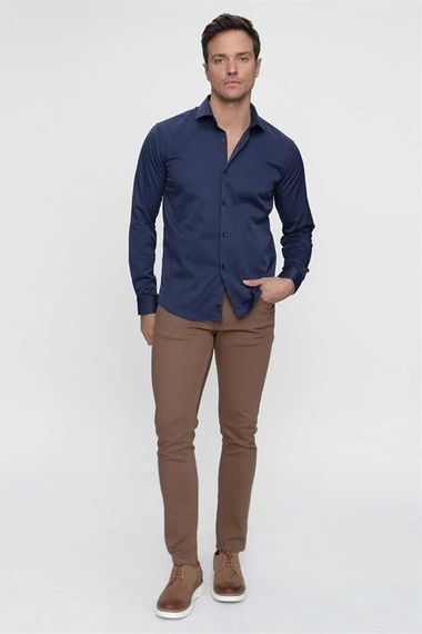 Lacivert Slim Fit Düz Sert Yaka Kolay Ütülenebilen HEDİYE KUTULU Uzun Kollu Erkek Gömlek - fotoğraf 4