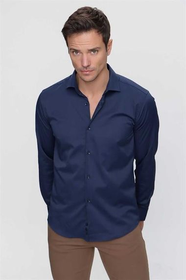 Lacivert Slim Fit Düz Sert Yaka Kolay Ütülenebilen HEDİYE KUTULU Uzun Kollu Erkek Gömlek - fotoğraf 5