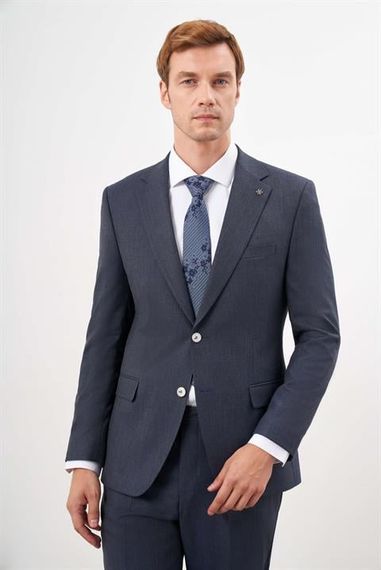 Мужской темно-синий пиджак Morven с трендовым клетчатым рисунком, динамичной посадкой и моно воротником - фото 2