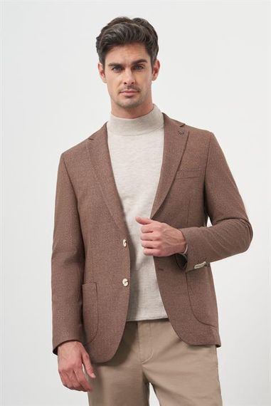 Morven Erkek KAHVE Dokuma Slim Fit Mono Yaka Ceket - fotoğraf 2