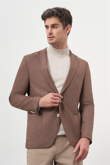 Morven Erkek KAHVE Dokuma Slim Fit Mono Yaka Ceket - fotoğraf 3