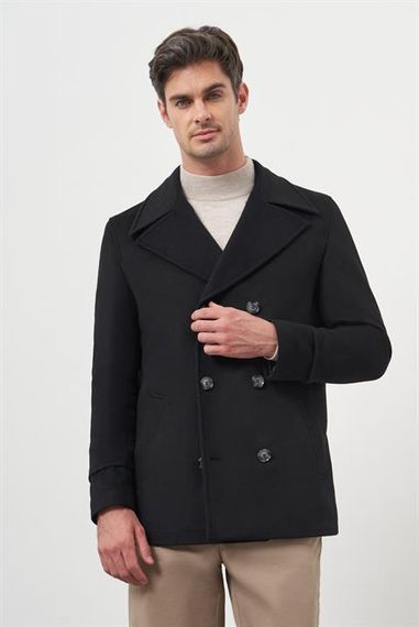 Мужской черный кашемировый пальто с узким воротником Dynamic Fit, 75% шерсть, двубортное, с подкладкой, длинный рукав, боковые карманы - фото 3
