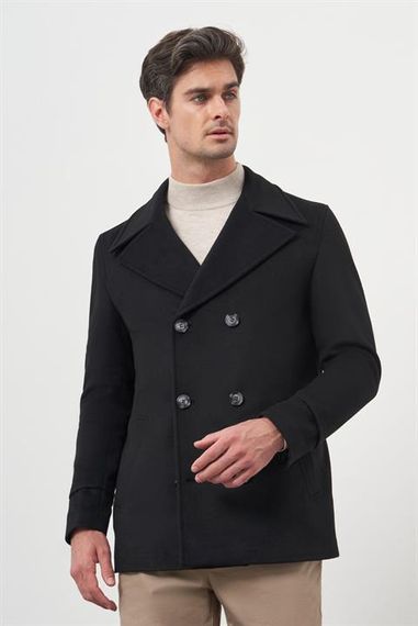 Мужской черный кашемировый пальто с узким воротником Dynamic Fit, 75% шерсть, двубортное, с подкладкой, длинный рукав, боковые карманы - фото 1