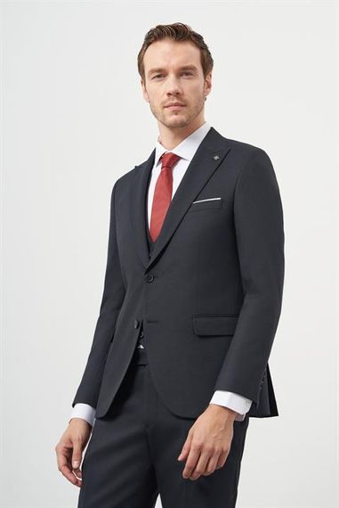 Morven Erkek Lacivert Poliviskon Basic Yelekli Jakar Desen Slim Fit Sivri Yaka Takım Elbise - photo 1