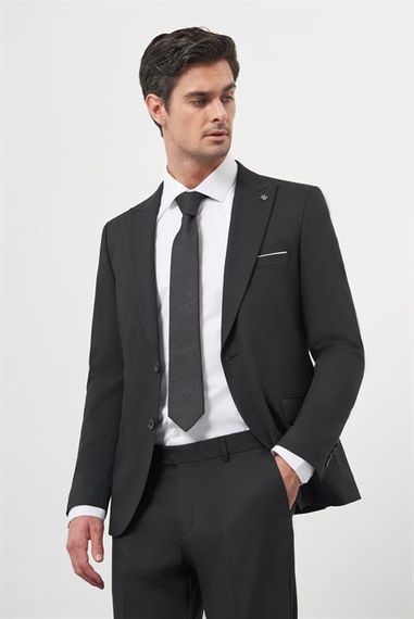 Morven Erkek Siyah Basic Jakar Desen Slim Fit Sivri Yaka Takım Elbise - photo 2