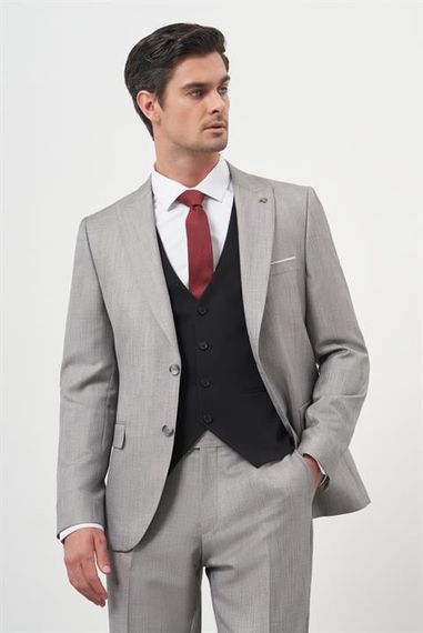 Morven Erkek Gri Trend Yelekli Kombinli Slim Fit Sivri Yaka Takım Elbise - photo 1