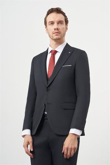 Morven Erkek Lacivert Poliviskon Basic Yelekli Jakar Desen Slim Fit Sivri Yaka Takım Elbise - photo 3
