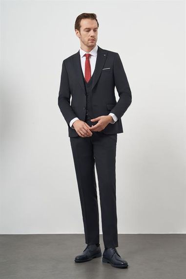 Morven Erkek Lacivert Poliviskon Basic Yelekli Jakar Desen Slim Fit Sivri Yaka Takım Elbise - photo 4