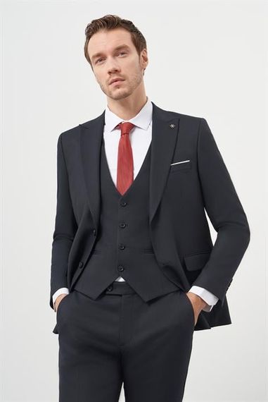 Morven Erkek Lacivert Poliviskon Basic Yelekli Jakar Desen Slim Fit Sivri Yaka Takım Elbise - photo 2