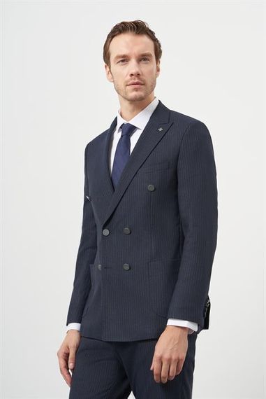 Мужской темно-синий костюм с двойным воротником, приталенный, шнурованный, без подкладки, с карманами, с длинными рукавами и разрезами - фото 3