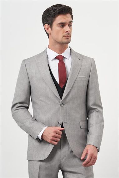 Morven Erkek Gri Trend Yelekli Kombinli Slim Fit Sivri Yaka Takım Elbise - photo 3