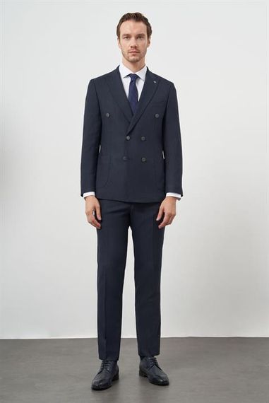 Мужской темно-синий костюм с двойным воротником, приталенный, шнурованный, без подкладки, с карманами, с длинными рукавами и разрезами - фото 4