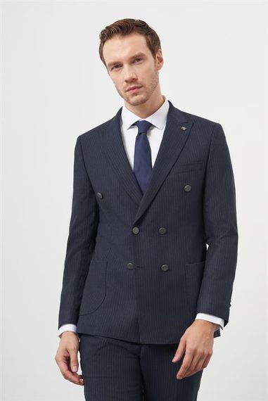 Мужской темно-синий костюм с двойным воротником, приталенный, шнурованный, без подкладки, с карманами, с длинными рукавами и разрезами - фото 2