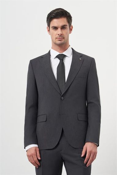 Мужской антрацитовый шерстяной пиджак slim fit с монокромным воротником, 88% хлопок, с карманами, пуговицами и подкладкой - фото 2