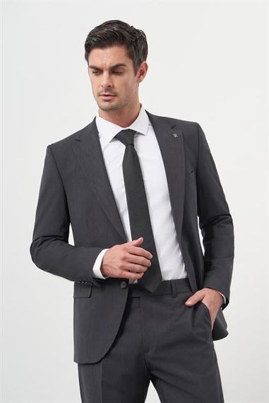 Мужской антрацитовый шерстяной пиджак slim fit с монокромным воротником, 88% хлопок, с карманами, пуговицами и подкладкой - фото 1