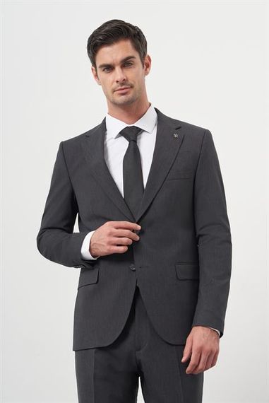 Мужской антрацитовый шерстяной пиджак slim fit с монокромным воротником, 88% хлопок, с карманами, пуговицами и подкладкой - фото 3