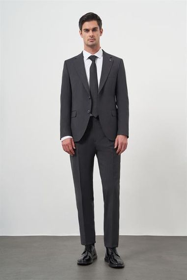 Мужской антрацитовый шерстяной пиджак slim fit с монокромным воротником, 88% хлопок, с карманами, пуговицами и подкладкой - фото 4