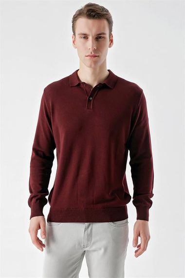 Bordo Basic Dinamik Fit Rahat Kesim Polo Yaka HEDİYE KUTULU Triko Kazak - fotoğraf 3