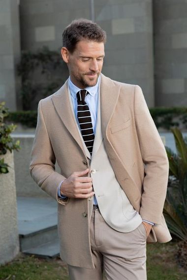 Morven Erkek Bej Yünlü Dynamic Fit Sivri Yaka Kaban - photo 3