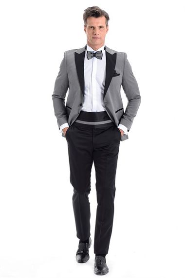 Серый мужской смокинг Morven Broadway Slim Fit с длинными рукавами и воротником с острым краем - фото 2